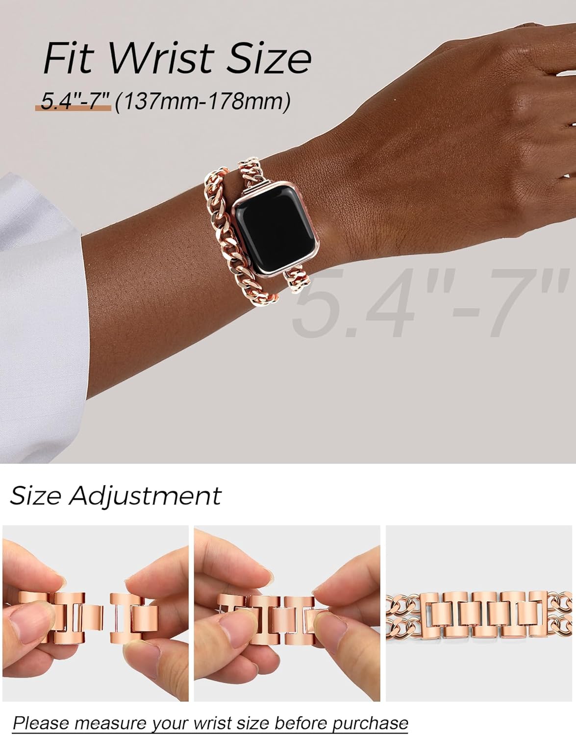 JR.DM Rose Gold Watch Bands for Women Compatible with Apple Watch Band 38mm 40mm 41mm 42mm (S10) Adjustment Metal Band Cowboy Steel Chain Bracelet for iWatch Series 9/8/7/6/5/4/3/2/1/SE/Ultra (No Case)